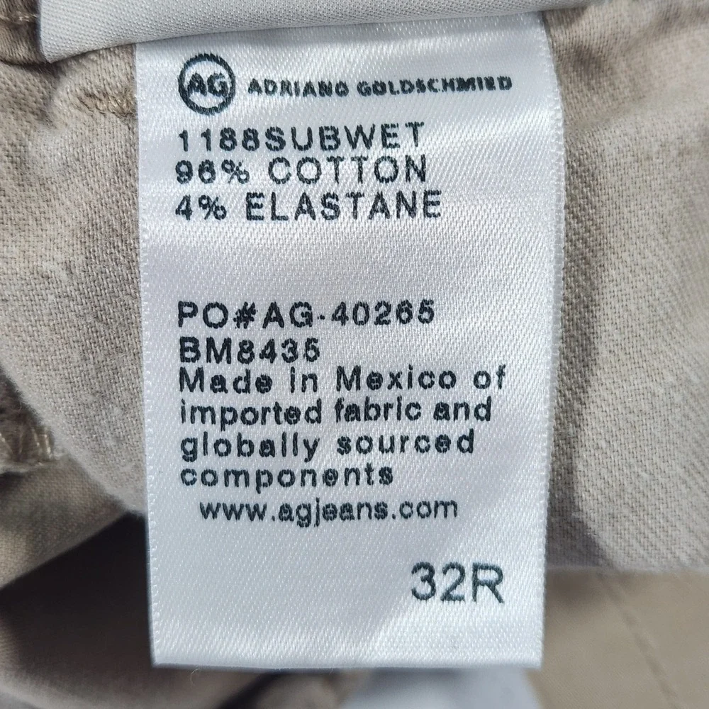 AG Adriano Goldschmied Mens The Lux Khaki Tailored‎ Trouser Tan Chino 32R